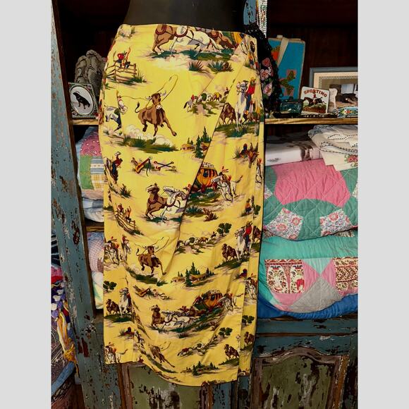 VINTAGE 90's UNWORN COWBOY PRINT WESTERN WRAP SKIRT-MALIBU COWBOY, BEYONCE - Picture 2 of 11